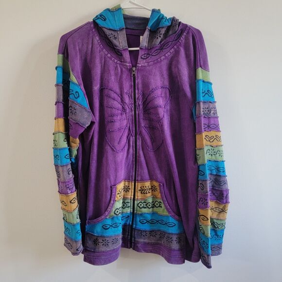 Y2K Vintage Womens Zip Hoodie Sweatshirt Size Large Butterfly Patchwork Hippie - Picture 1 of 8